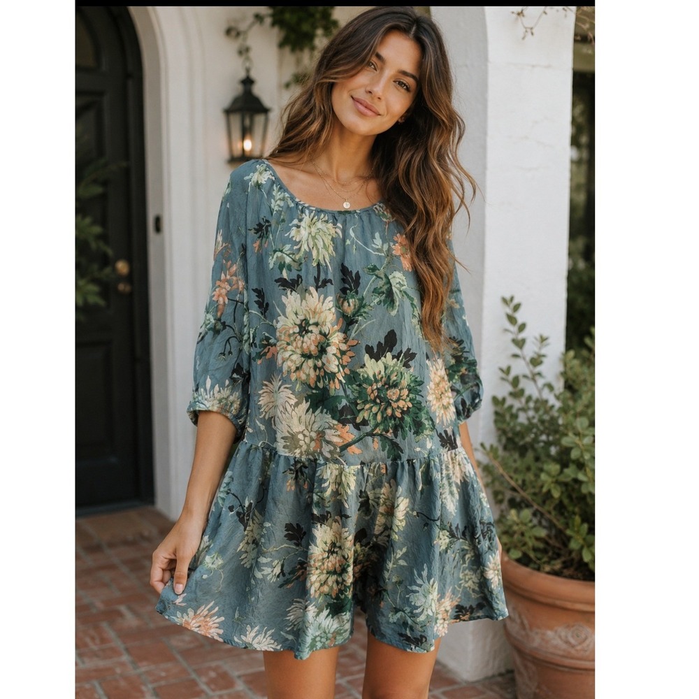 2/$30 H&M XS Oversized Baby Doll Floral Tiered Dress Blue Green Boho 3/4 Sleeve